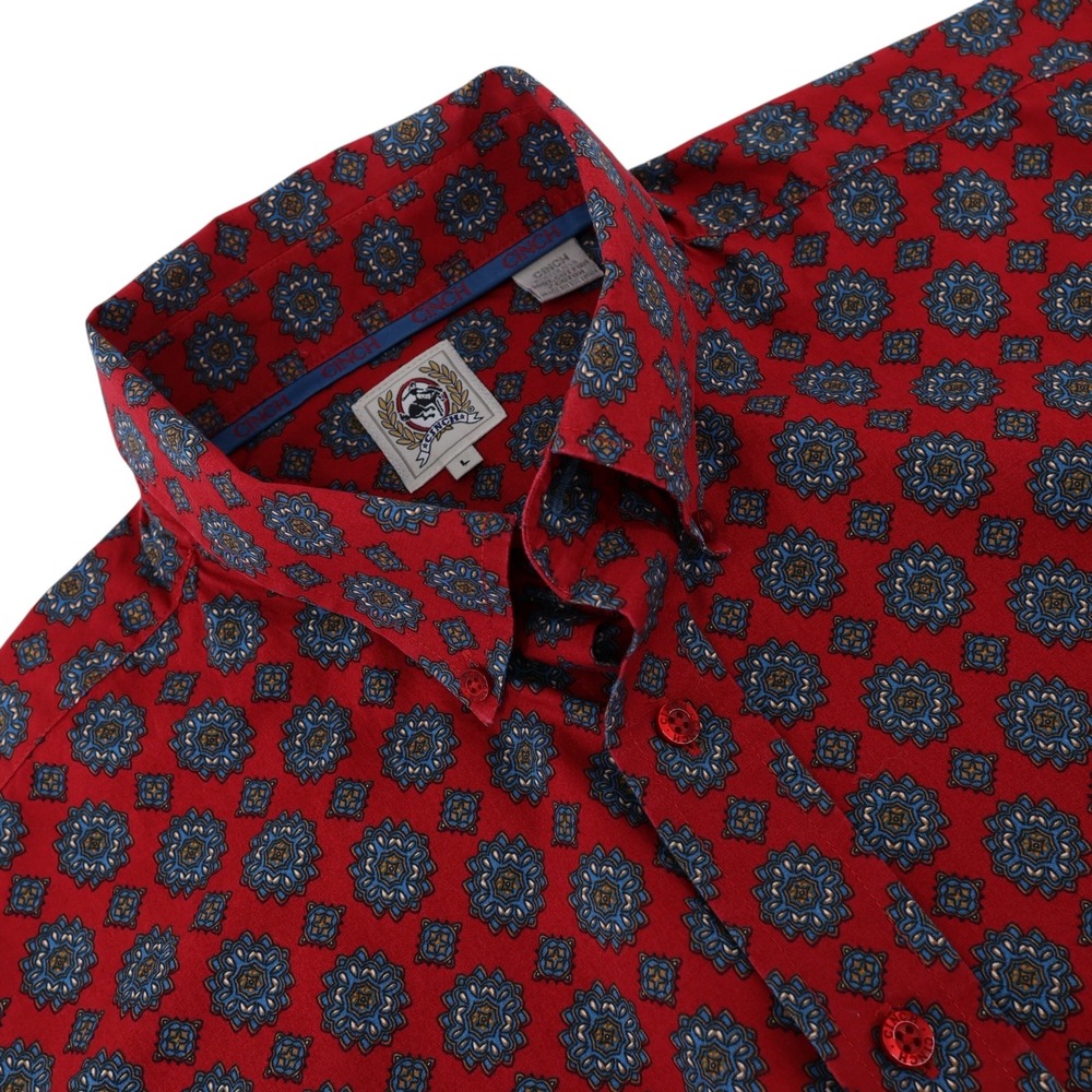 Cinch Mens Red Geometric Medallion Print Button Down Shirt